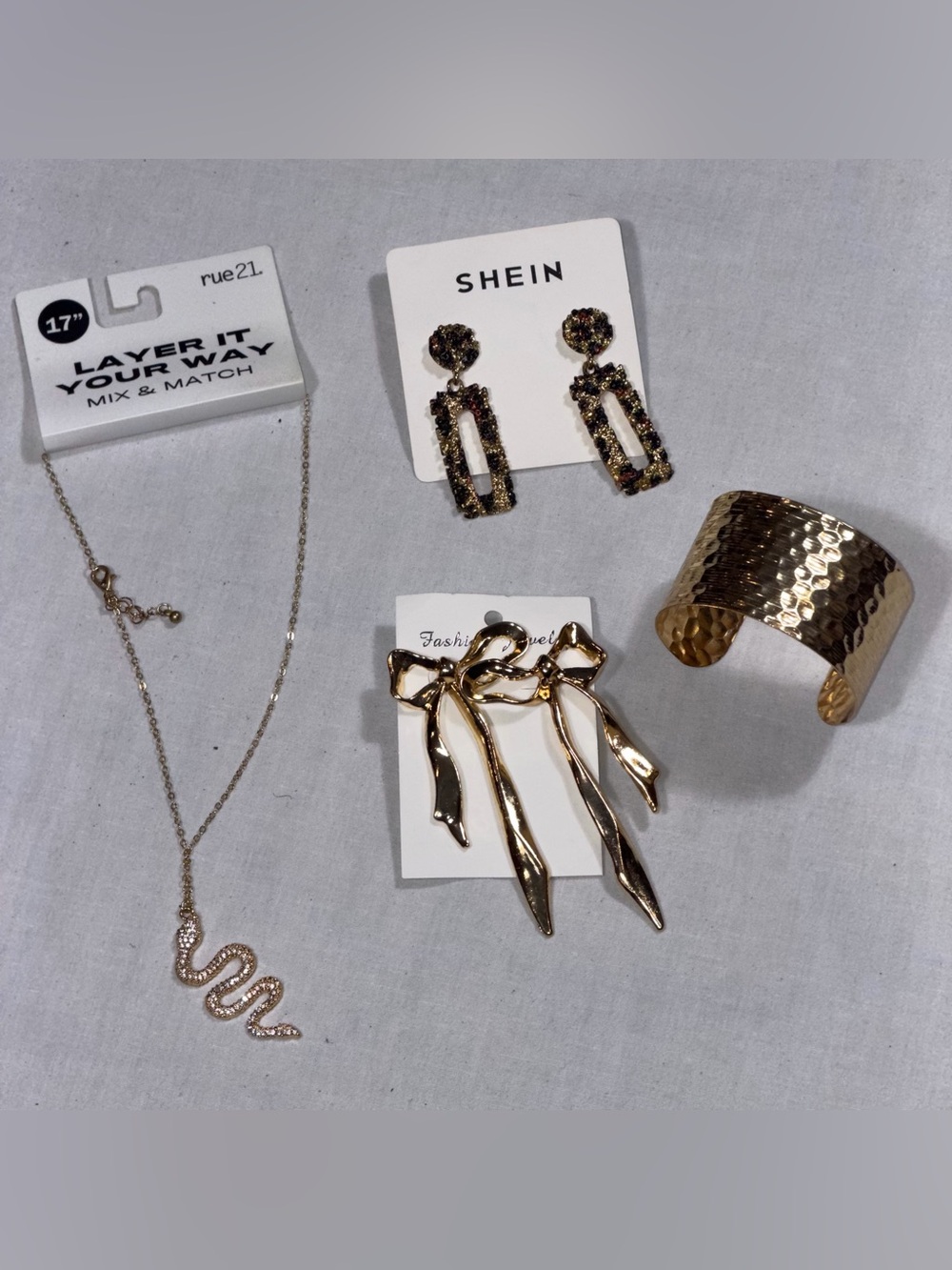 4 Pc Gold Tone Jewelry Bundle Earrings Necklace Cuff Bracelet